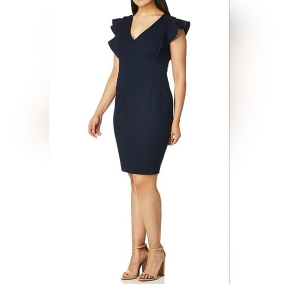 DKNY Elegant Navy Blue Sheath Dress Ruffle Sleeves V-Neck Women’s size 6 - Picture 8 of 9